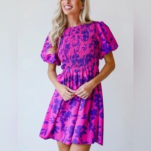 HUDSON GRAY Floral Short Sleeve Dress Pink & Navy Womens Size Small